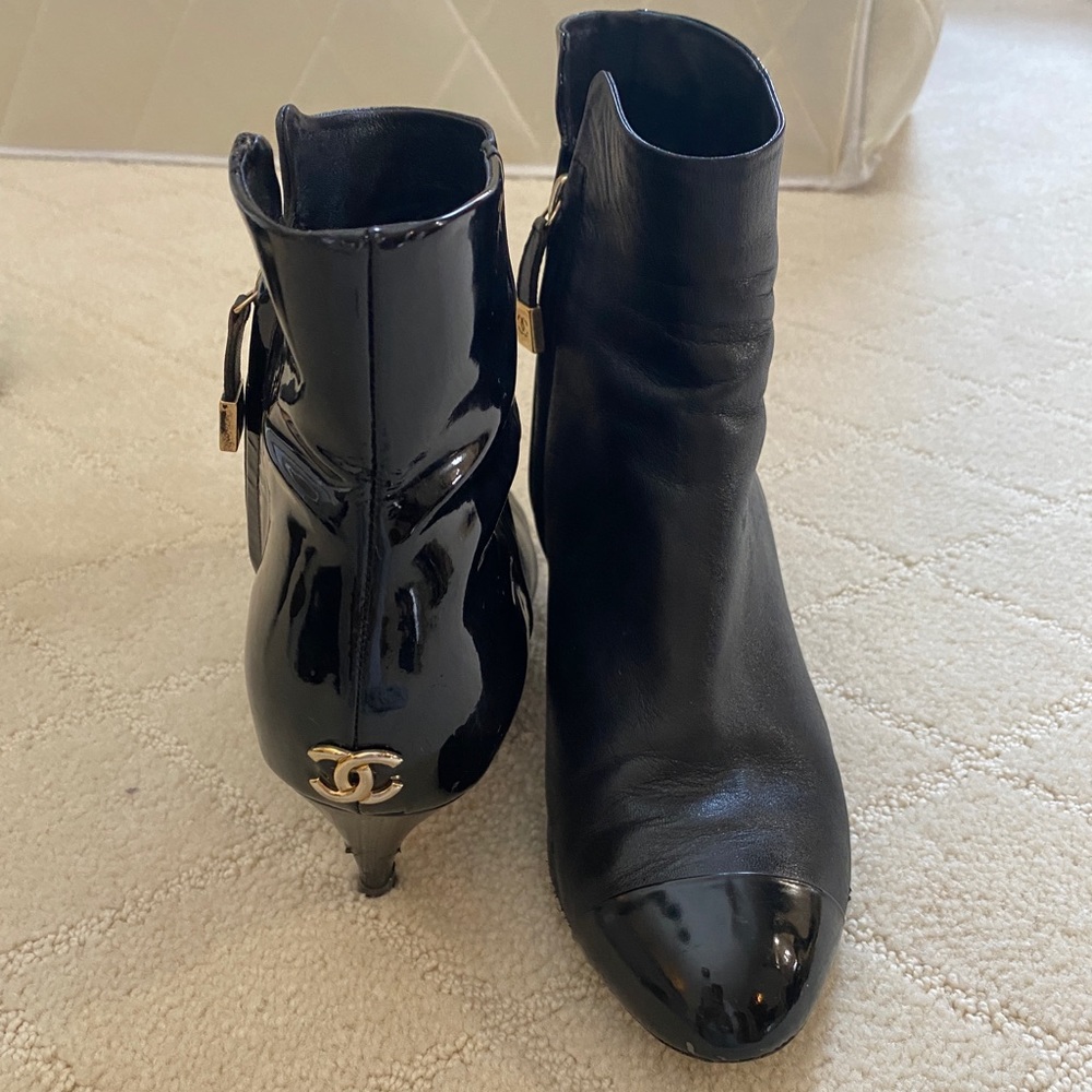 CHANEL black booties!   These have been worn many times.  Pictures show wear.
